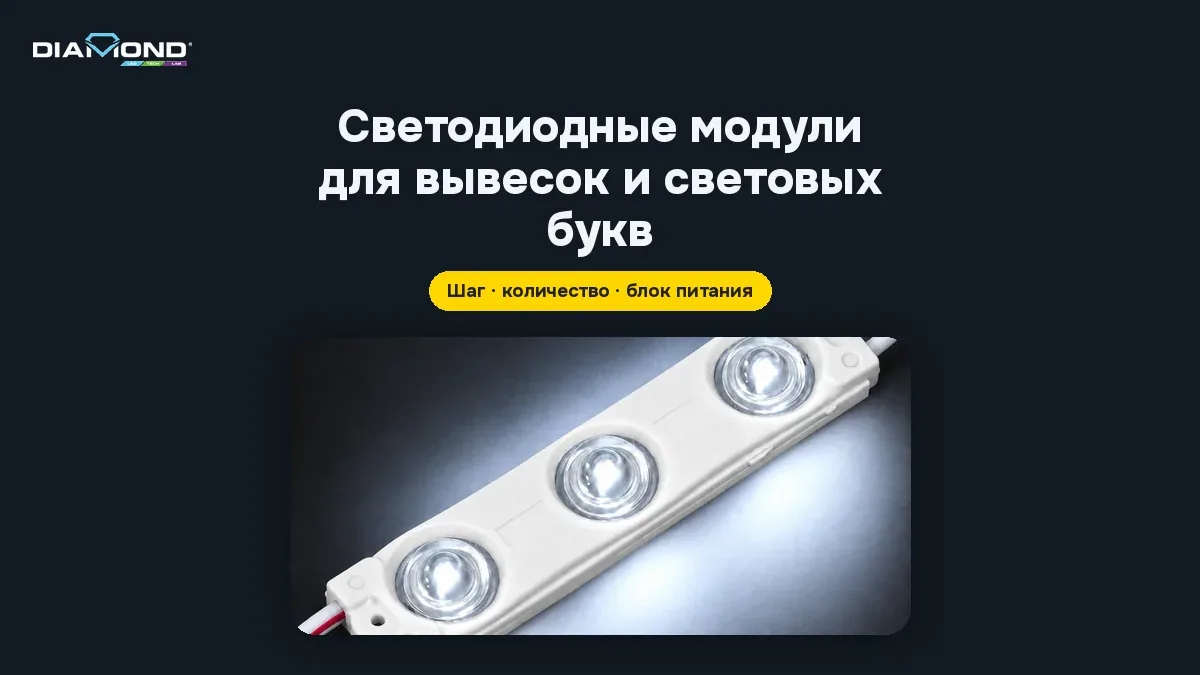 Светящийся белый модуль Z3-ULTRA с тремя линзами на тёмном фоне под заголовком «Светодиодные модули для вывесок и световых букв»