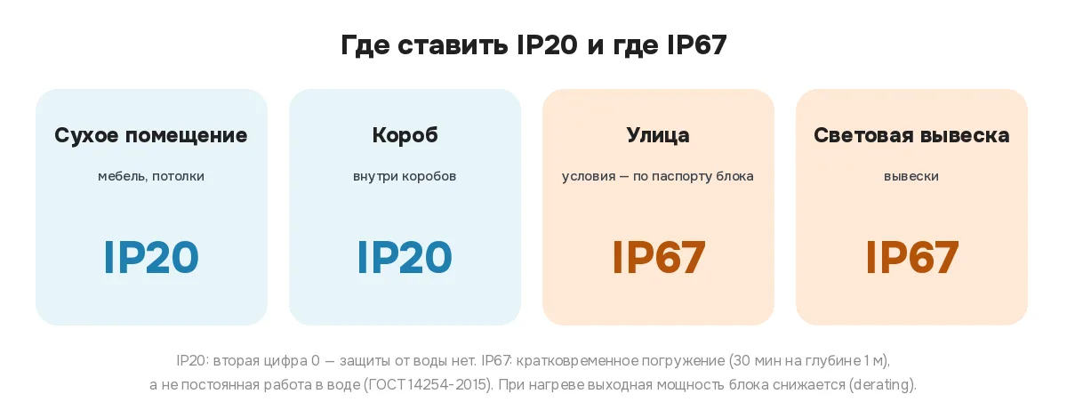 Какую защиту выбрать по месту установки: IP20 в сухом помещении и в коробе, IP67 на улице и в световой вывеске