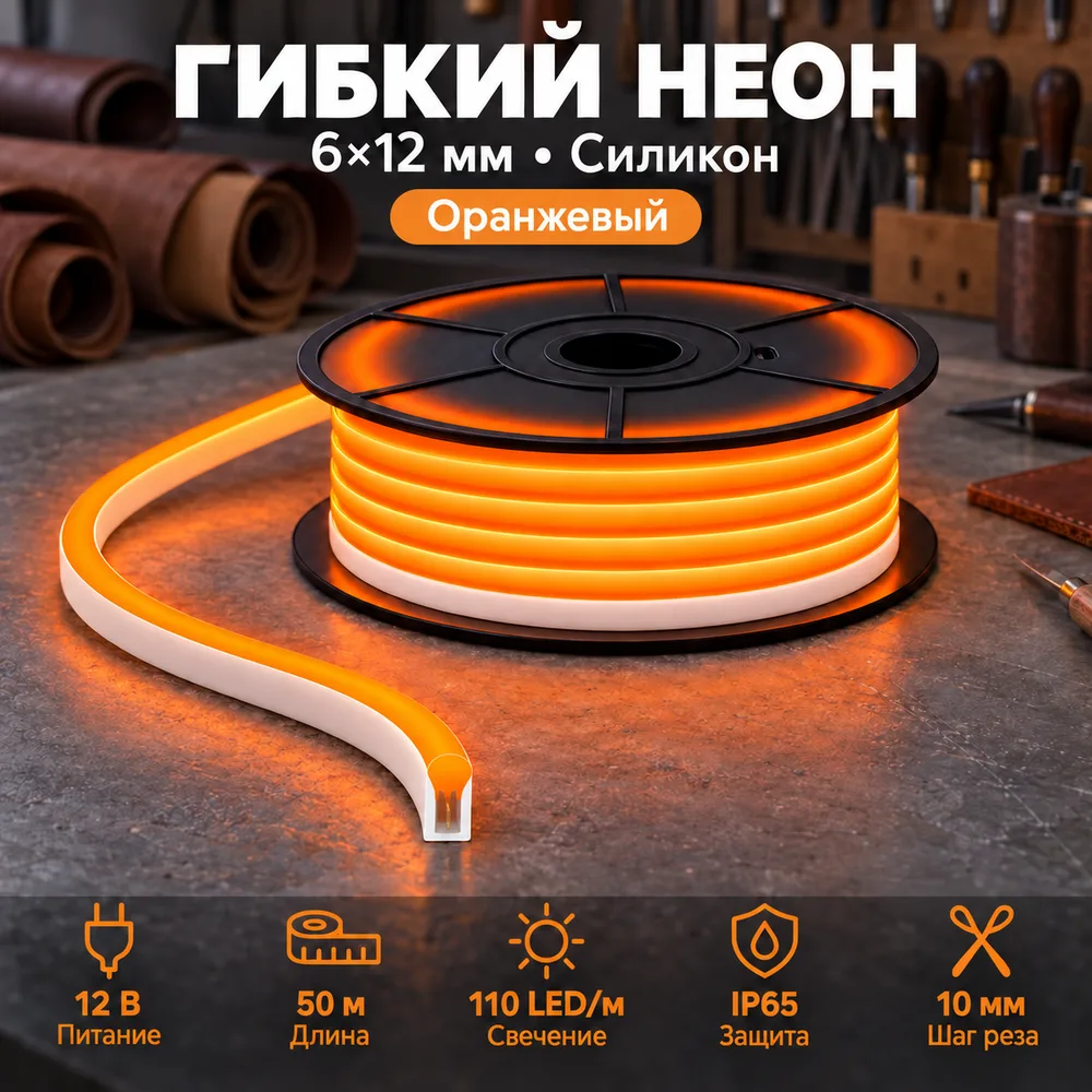 Неон тонкий 12V, цвет оранжевый NEON-6X12-SIL-DC12-ORANGE-10mm-MEN