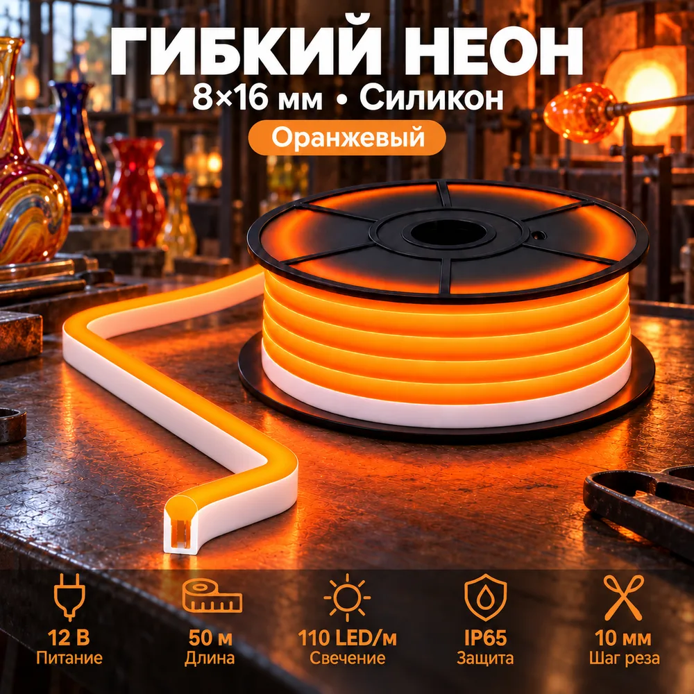 Неон тонкий 12V, цвет оранжевый NEON-8X16-SIL-DC12-ORANGE-10mm-MEN