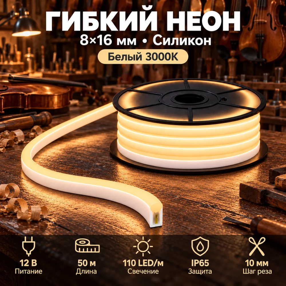 Неон тонкий 12V, цвет теплый белый NEON-8X16-SIL-DC12-WARM WHITE-10mm-MEN