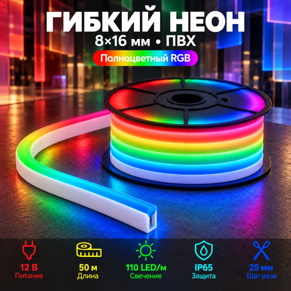 Неон тонкий 12V, цвет полноцветной RGBIC NEON-8X16-SILICONE-RGBIC-25mm-MEN