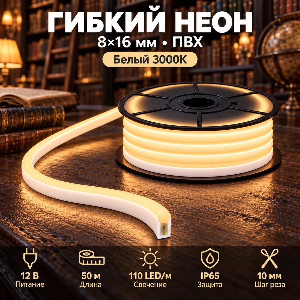 Неон тонкий 12V, цвет теплый белый NEON-8X16-SILICONE-WW-10MM-MEN